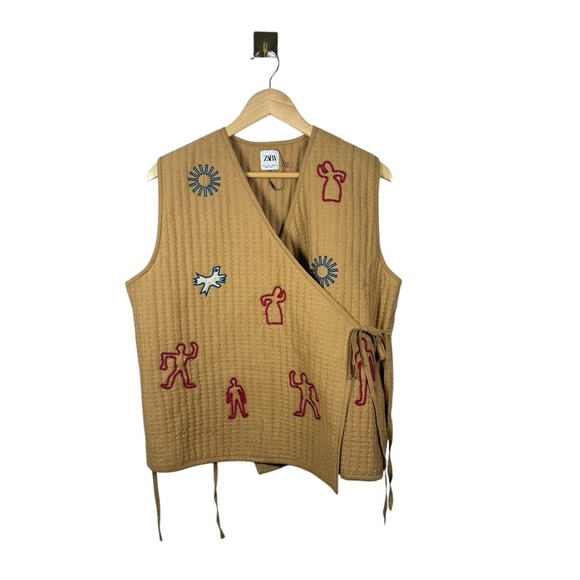 Zara Blogger Favorite Women’s Oversized Quilted Embroidered Wrap Vest Brown L - Picture 7 of 15